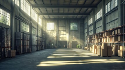 A spacious warehouse bathed in sunlight, featuring tall windows, wooden shelves filled with boxes, and long shadows on the concrete floor.