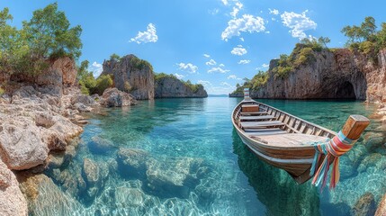 Obraz premium Serene longtail boat glides through crystal-clear waters, nestled amidst dramatic limestone cliffs under a vibrant blue sky. A picturesque tropical paradise scene.