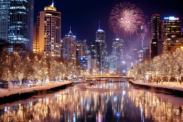 Fototapeta premium Night Cityscape Fireworks Winter River Illumination