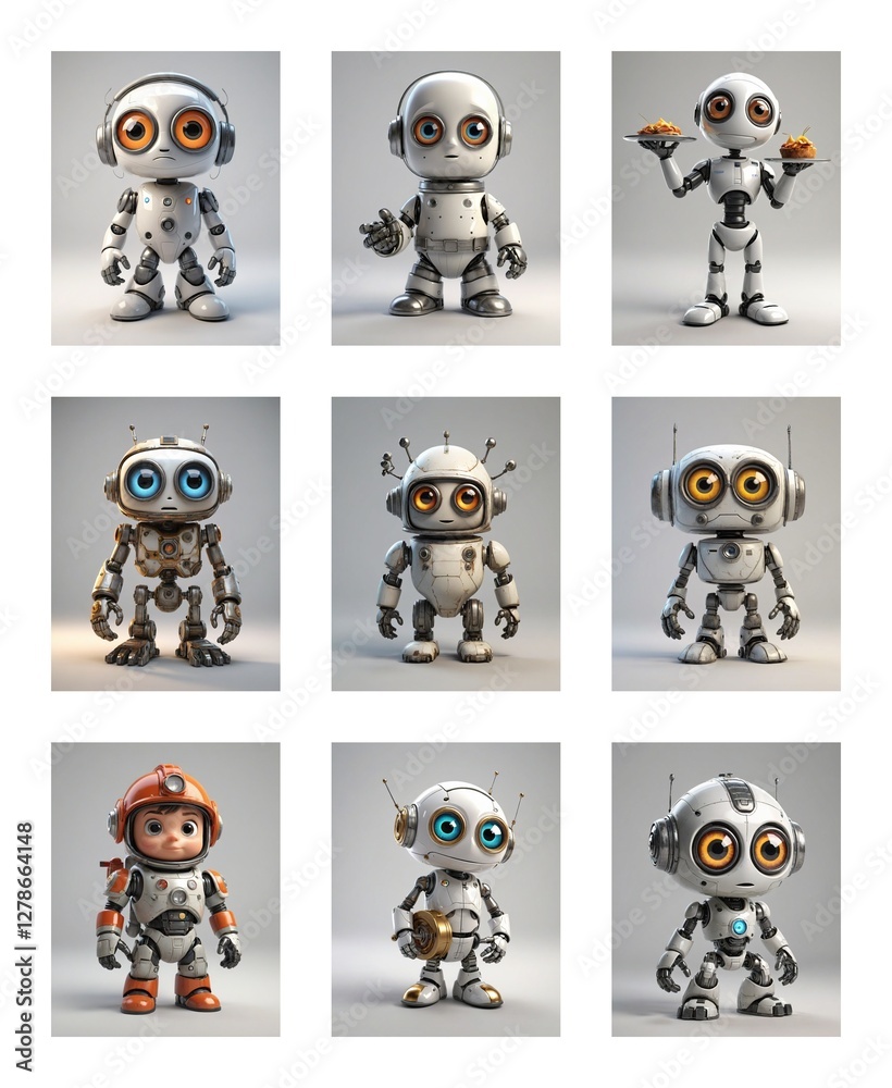 Poster Nine cartoonish robots with big eyes are displayed in a grid format, each in a different pose and slightly varying design against a neutral backdrop.