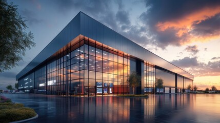 Obraz premium A modern architectural structure with large glass facades, reflecting a colorful sunset, showcasing sleek design and contemporary style.