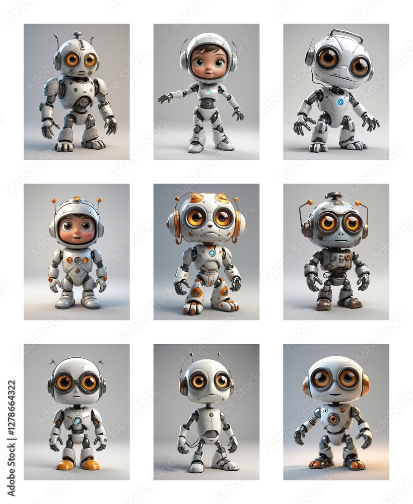 Poster Nine charming cartoon robots with large, expressive eyes are showcased on a neutral backdrop. These whimsical robots are in different stances, highlighting their white and grey metallic forms and dist