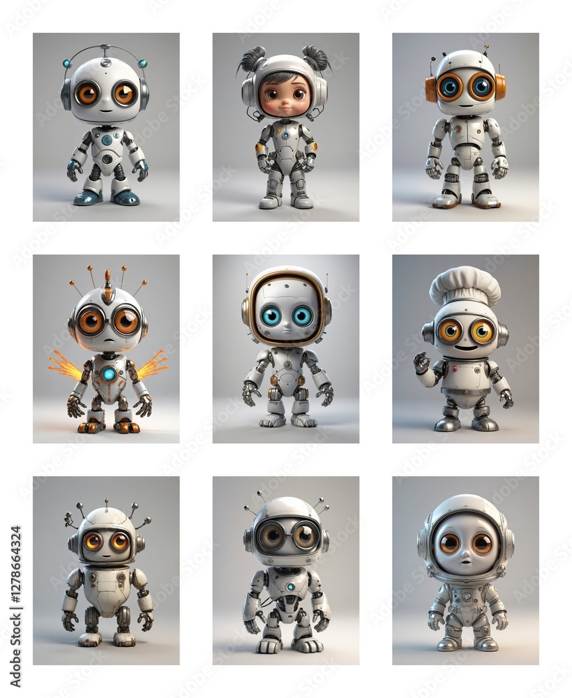 Poster Nine cartoonish robots with large eyes are displayed in a grid.  They are predominantly white and grey, some with unique accessories.