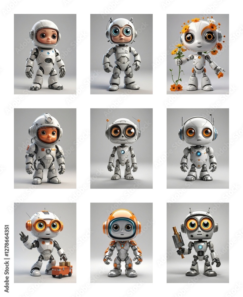 Poster nine cartoonish robots with big eyes and different features stand against a gray background, showcas