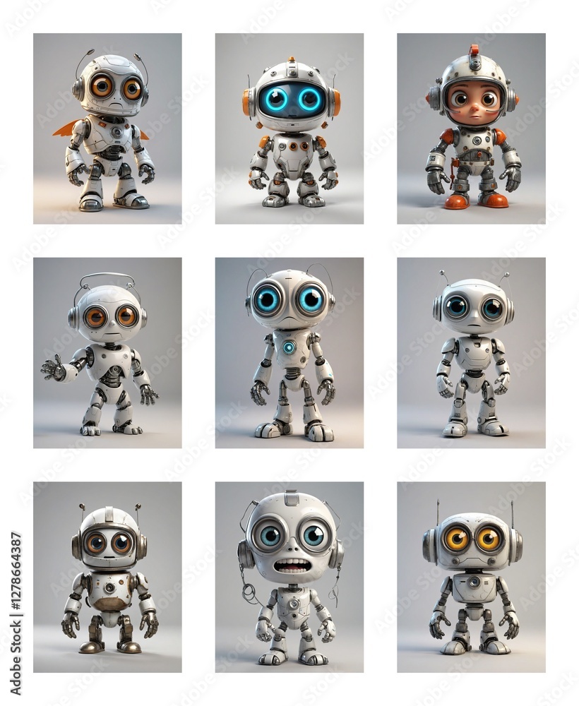 Poster Nine charming cartoon robots in a grid. Each robot features unique designs and poses against a clean white background. Cute and playful.