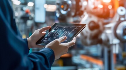 Smart industry control concept.Hands holding tablet on blurred automation machine as background
