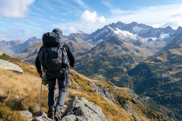 A hiker navigates rocky terrain while carrying a large backpack. The backdrop features majestic mountains with visible snowcaps, complemented by a blue sky and wispy clouds, creating a stunning landsc