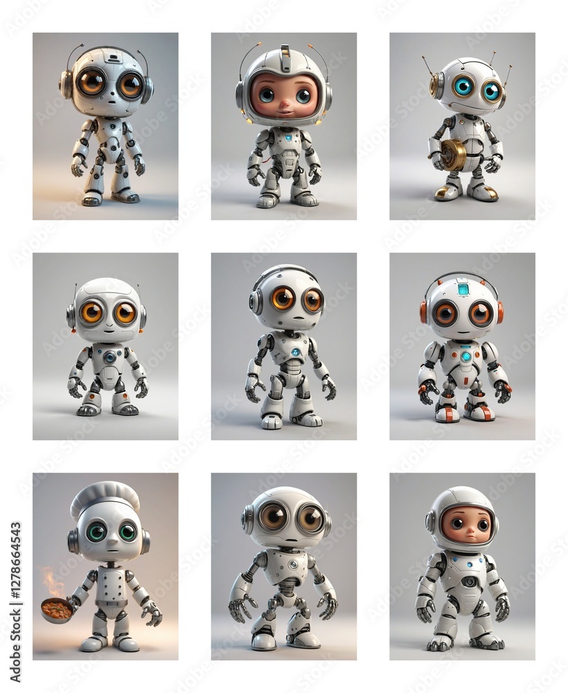 Poster nine charming cartoon robots with large eyes and white bodies stand against a plain white backdrop. 