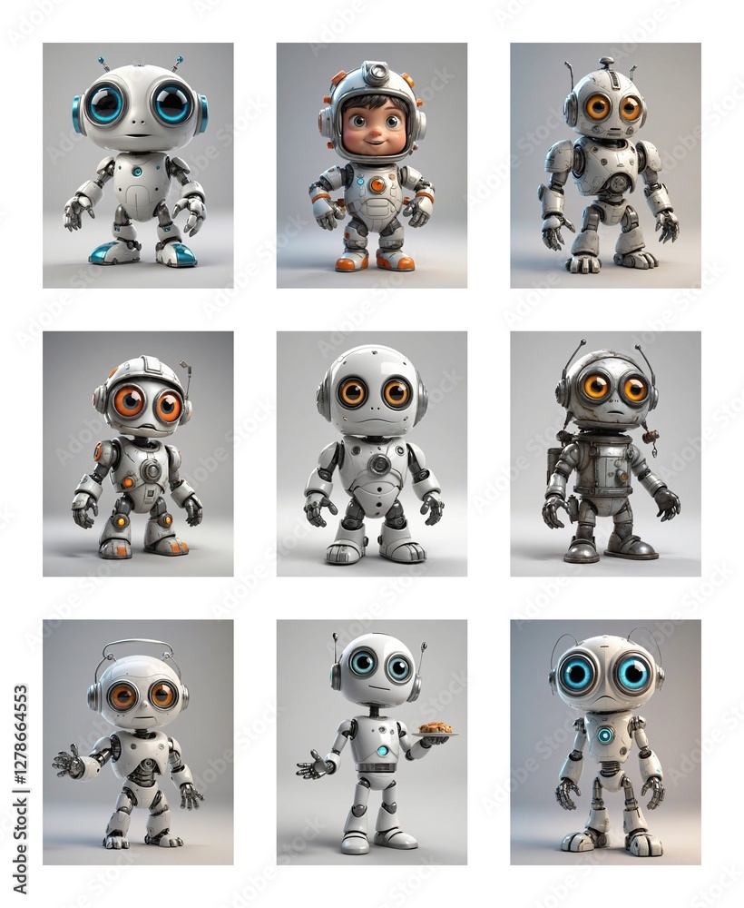 Poster Nine cartoon robots are displayed in a grid, each with unique designs, showcasing varied poses and expressions on a plain backdrop.