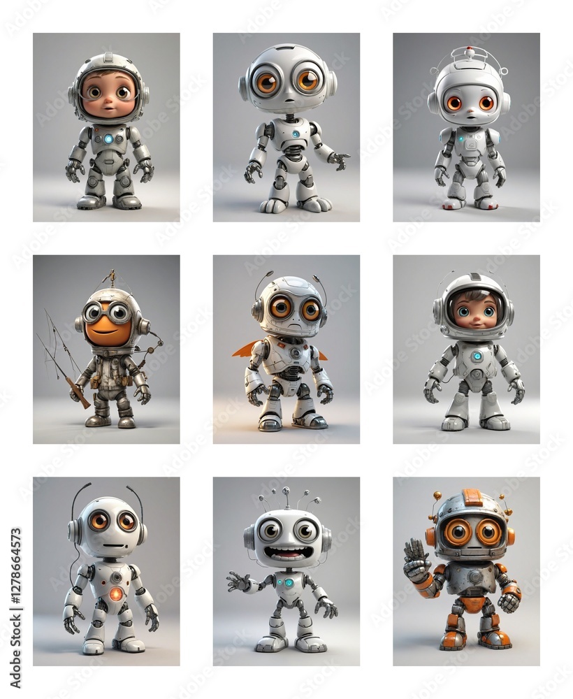 Poster Collection of nine cartoon robots with diverse designs, standing on a white background. Each robot has a unique and playful look.