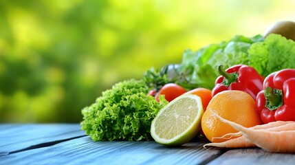 Close-up of vibrant fresh vegetables and fruits on wooden table, symbolizing healthy blood pressure foods, emphasizing natural nutrition and wellness.
