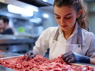 Woman preparing raw meat in commercial kitchen