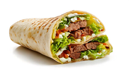 A delicious-looking grilled wrap bursting with savory beef, crisp lettuce, and creamy dressing.  Perfect for menus, food blogs, or advertising campaigns showcasing fast-casual cuisine.