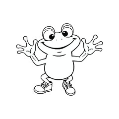 Funny cartoon frog line drawing black and white frog illustration 