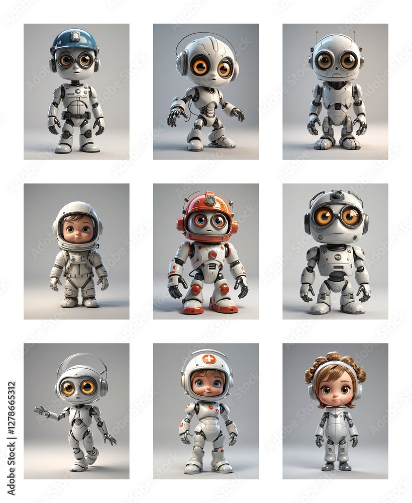 Poster Nine charming cartoon robots with big eyes and white bodies are displayed. Each robot wears different headgear, including helmets and headphones, adding unique styles.