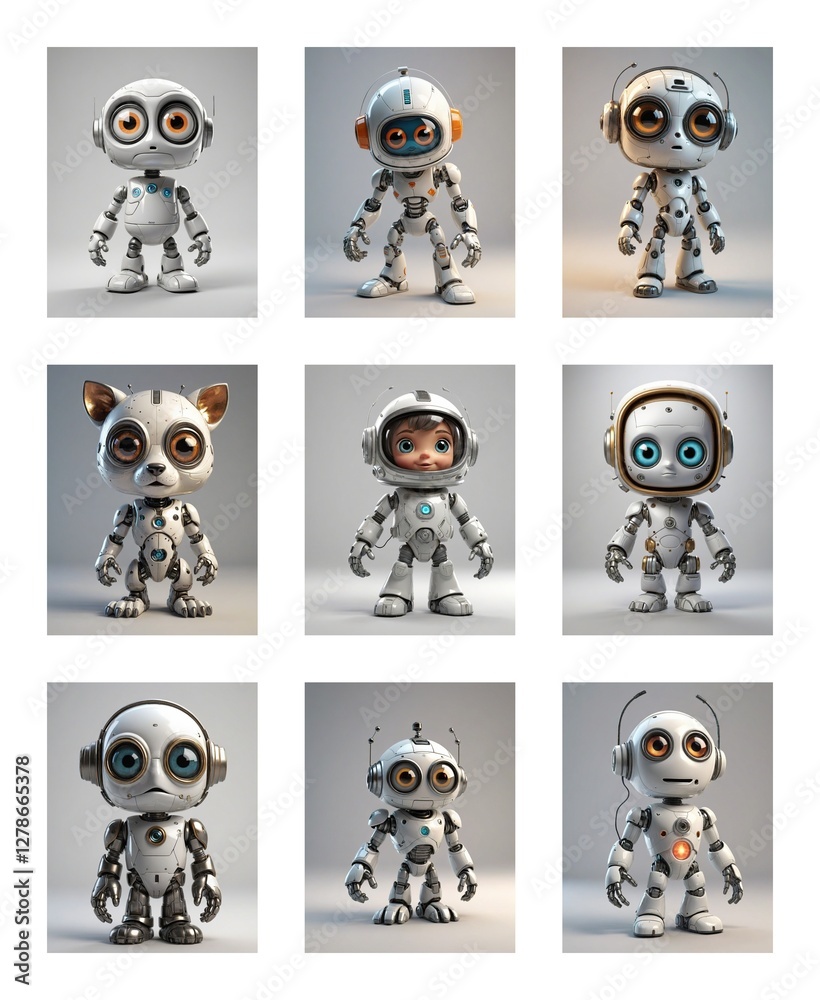 Poster collection of nine charming robots with diverse head shapes, some animal-like, others mechanical, al