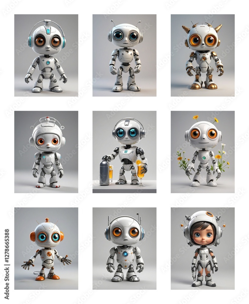 Poster Nine cute robots with big eyes are displayed in a grid. These cartoonish figures in white and metallic colors have different poses and accessories, creating a collection of digital art toys.