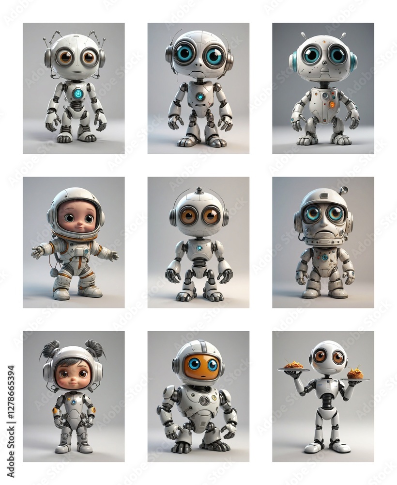 Poster nine images show different poses of white and grey, cute baby robots and standard robots. one robot 
