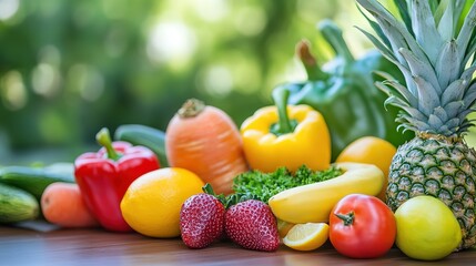 Close-up of vibrant fresh vegetables and fruits on wooden table, symbolizing healthy blood pressure foods, emphasizing natural nutrition and wellness.
