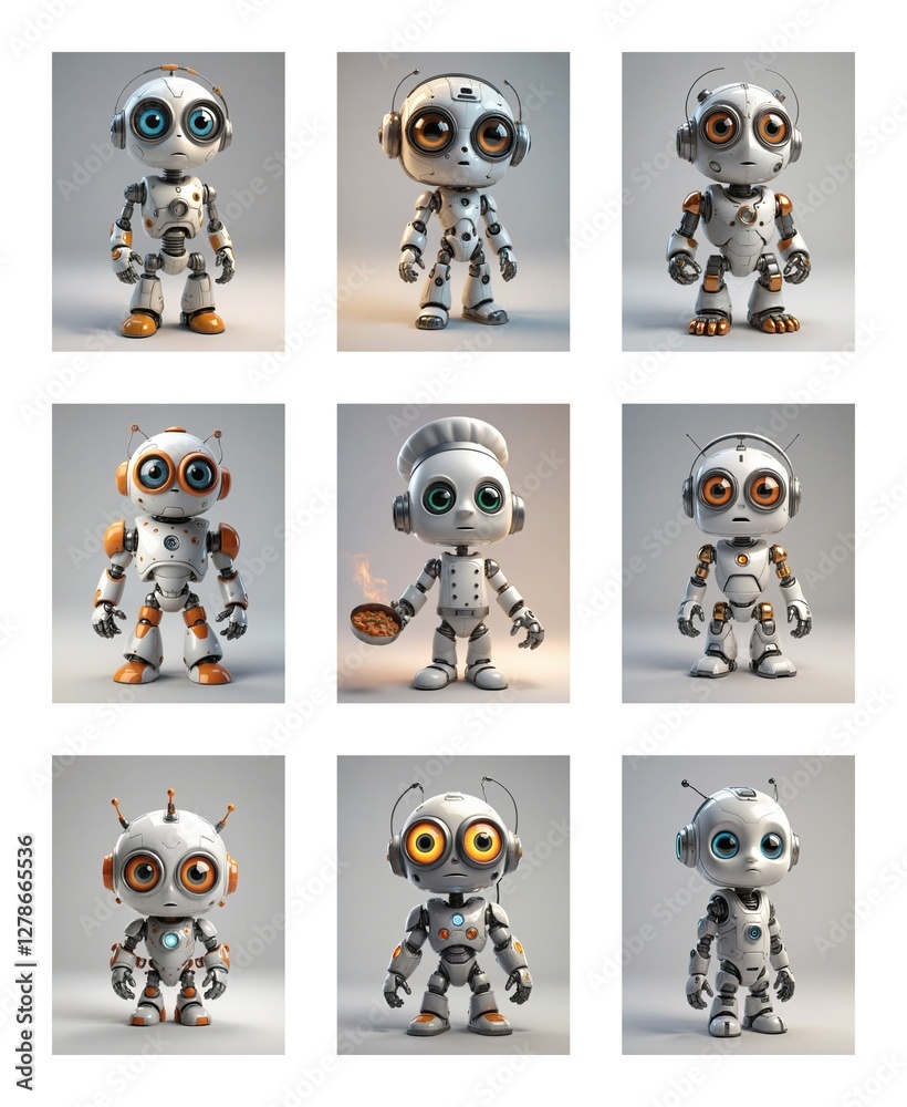 Poster nine small, cute robots with big eyes are arranged in a grid. they are white and grey with orange ac