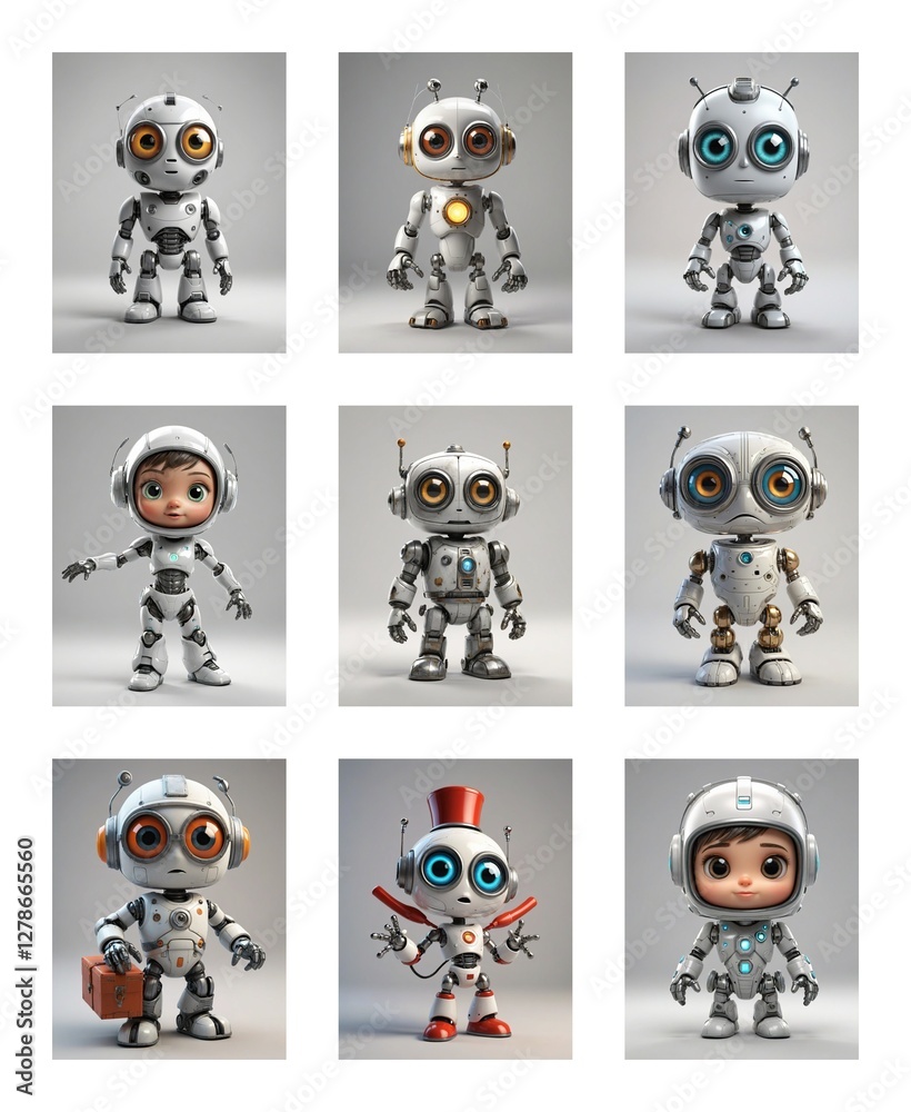 Aufkleber Nine charming robot figures with diverse designs and colors stand against a plain backdrop, some are more childlike in appearance.