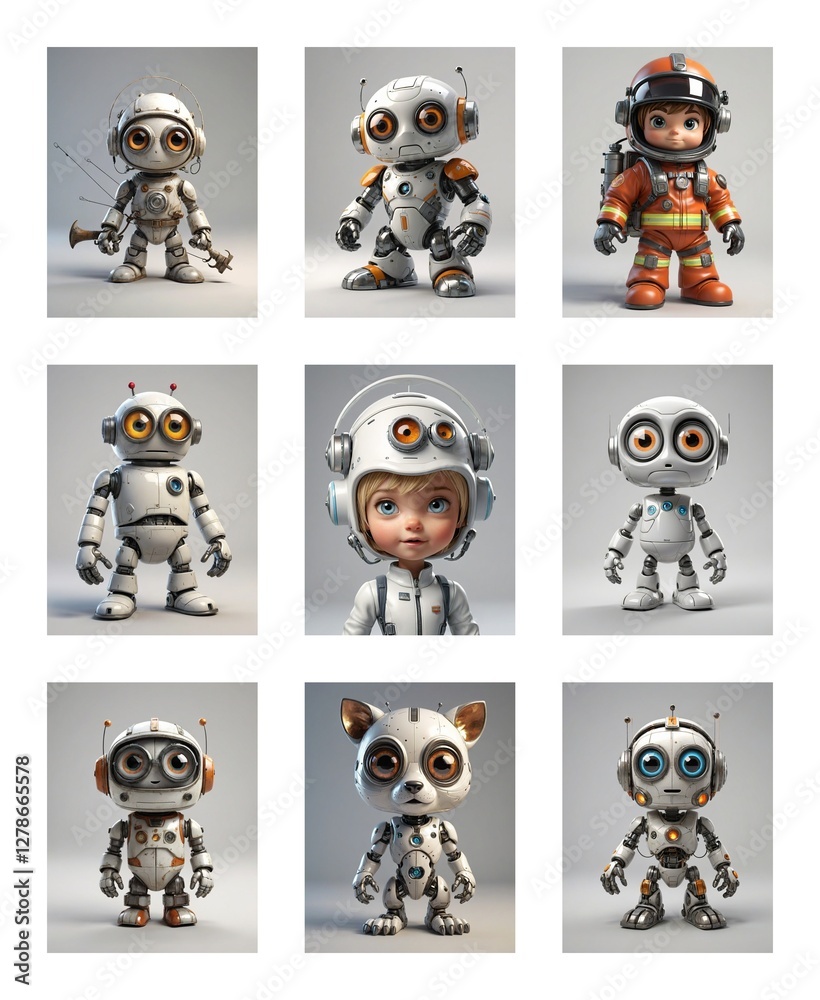 Aufkleber Nine cartoon robots with varied designs are arranged in a grid.  They are mostly white and silver, each with unique poses and styles.
