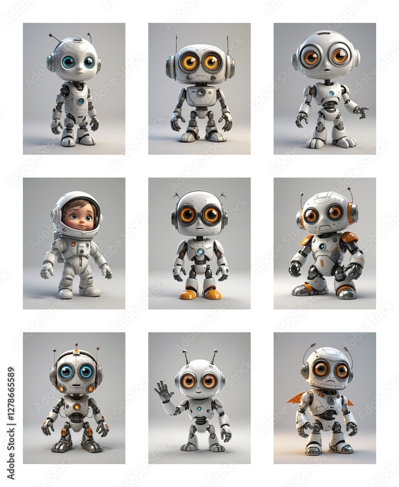 Aufkleber Nine cute white robots are displayed with variations in eye color and antenna design. One robot is uniquely dressed in a spacesuit.