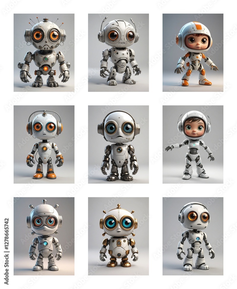 Poster Nine cartoon robots with large eyes are arranged in a grid. Each robot features a unique design with elements like headphones and antennas on a plain background.