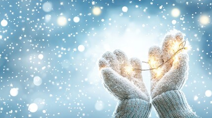 Cozy Winter Gloves Holding Warm Fairy Lights in Falling Snow