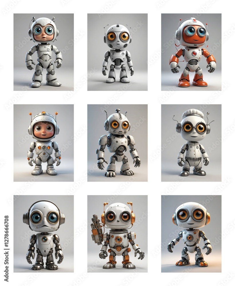 Poster nine cute cartoon robots with unique designs and big eyes are displayed against a plain background.