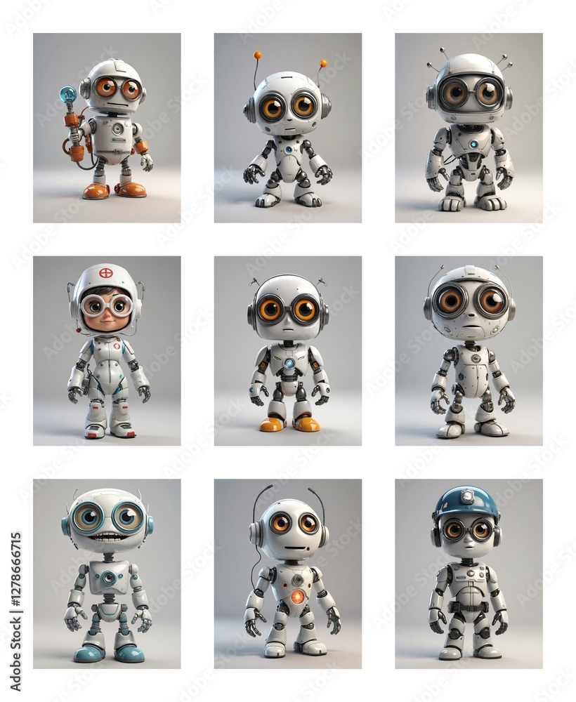 Poster Nine cartoon robots in a grid, each with a distinct design but sharing a similar aesthetic, featuring big eyes and white bodies.