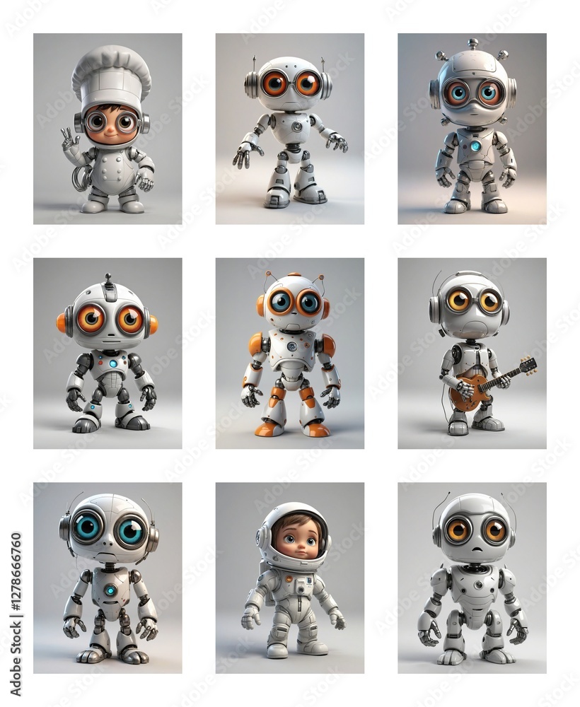 Poster nine charming cartoon robots with large eyes are displayed in various poses and outfits on a neutral
