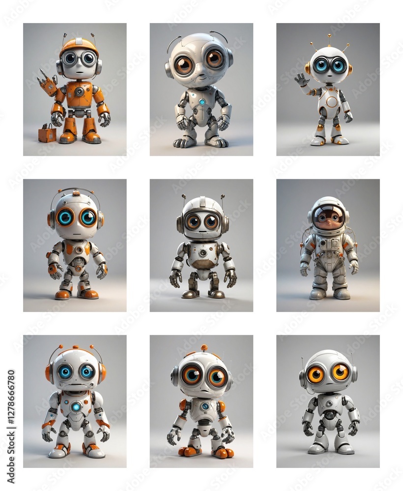 Poster Nine cartoonish robots with large eyes are displayed in a grid. Each robot has unique designs, colors, and poses. They are detailed and set against a plain backdrop.