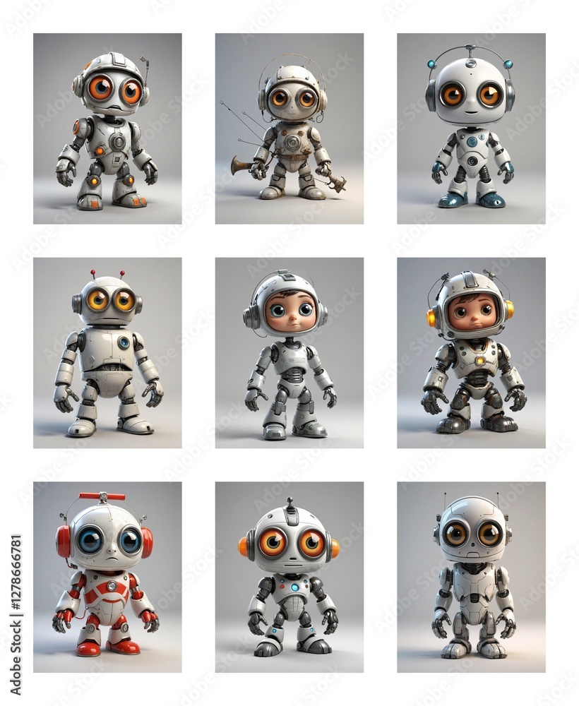 Poster Nine cartoon robots with big eyes and metallic bodies are displayed against a white backdrop. Each robot has unique antenna and eye colors.