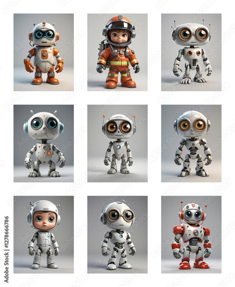 Poster Nine cartoon robots with big eyes are showcased in a grid. Each robot has a unique design, color scheme, and pose against a neutral backdrop.
