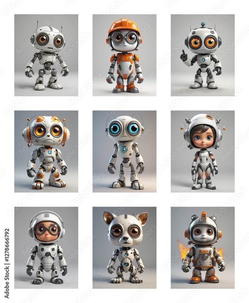 Poster nine diverse cartoon robots stand against a white backdrop. each robot showcases unique designs, col