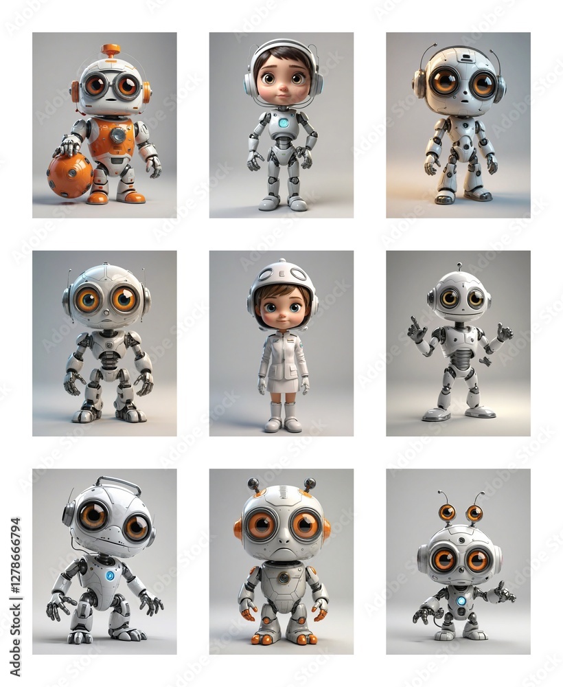 Poster Nine charming cartoon robots with big eyes are showcased in diverse poses and styles on a white backdrop.  Several robots are holding items.