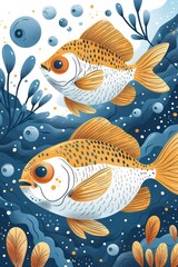 Naklejka premium Two stylized fish swimming in a colorful underwater scene with plants and bubbles.