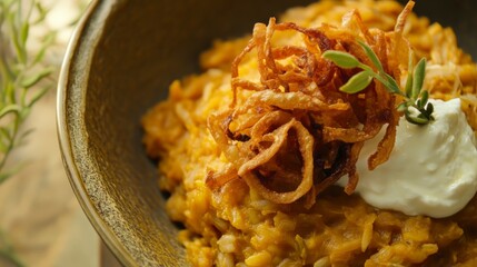 Aromatic Lentil and Rice Dish with Crispy Onions and Yogurt