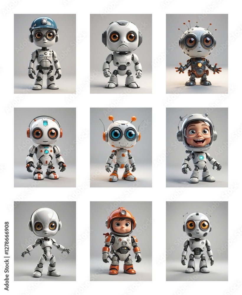 Poster Nine charming robots with large eyes are showcased against a plain backdrop.  These whimsical creations exhibit various colors, designs and some are wearing helmets.