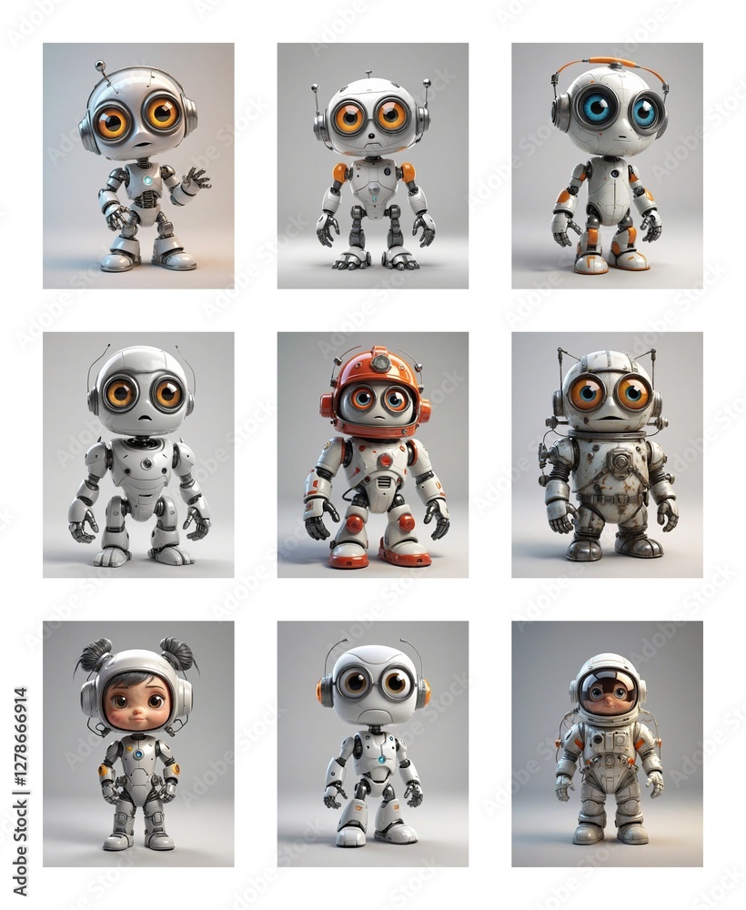 Poster nine small white robots with big eyes, various poses, and headwear are displayed in a grid format.