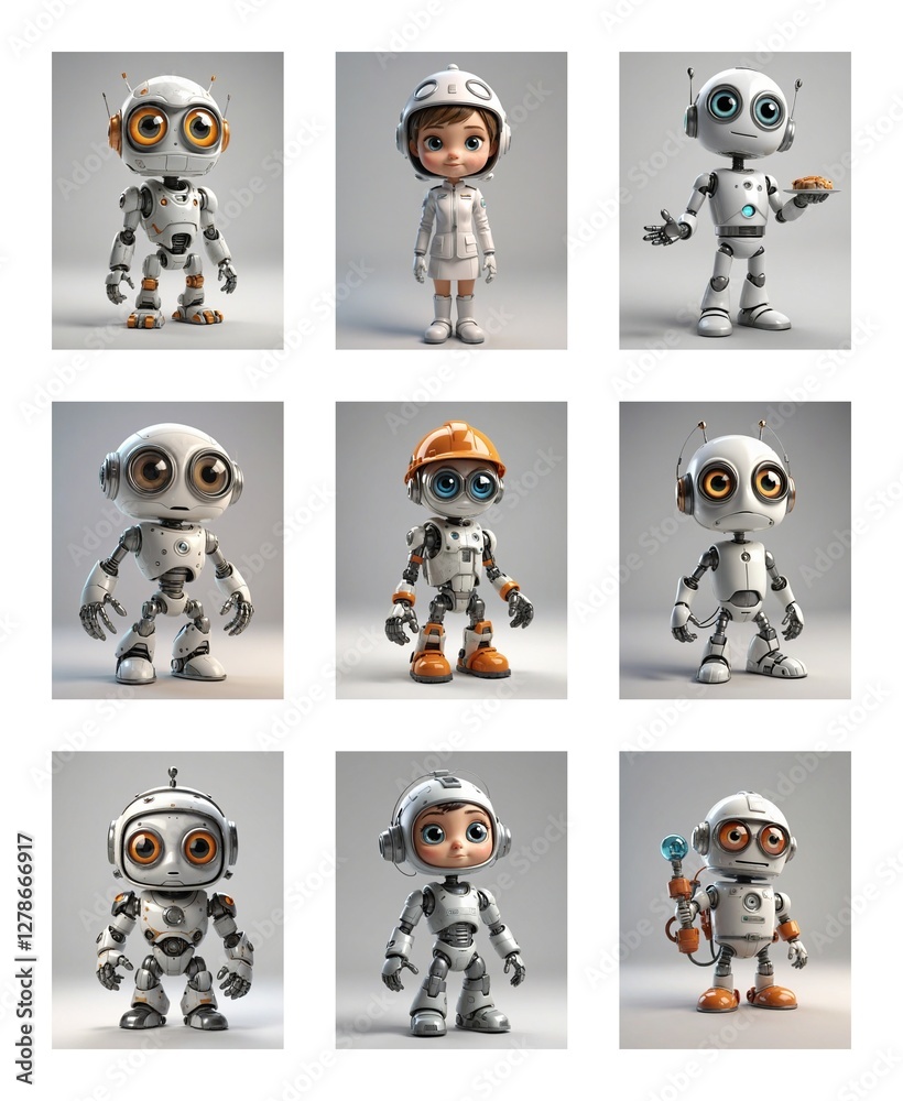 Poster cute cartoon robots and a child in a white suit pose against a plain background. robots have big eye