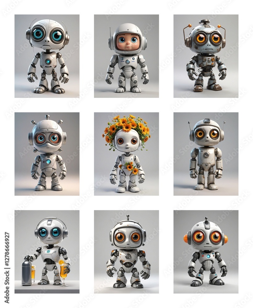 Poster cute cartoon robots with large eyes and antennas stand against a white backdrop. various designs sho