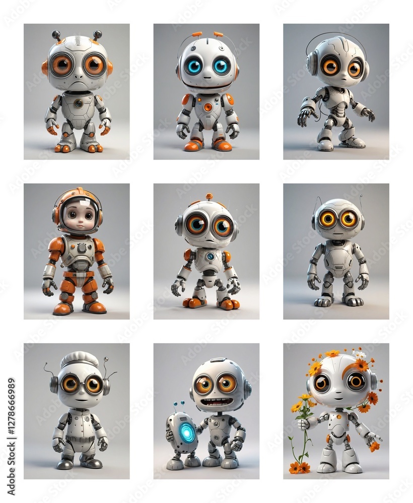Poster nine cute cartoon robots collection with different designs and white backgrounds.