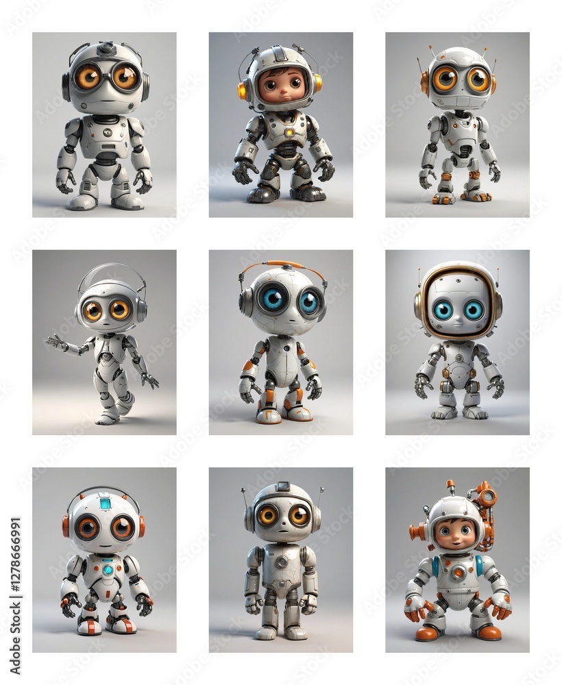 Poster nine cute cartoon robots with big eyes and metallic bodies stand on white. some robots have helmets 