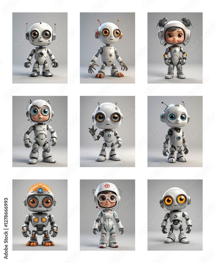 Poster nine cartoonish robots are displayed against a neutral backdrop, each with unique designs and poses,