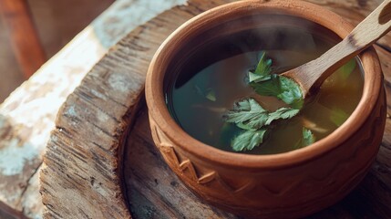 Rustic Clay Pot Soup with Aromatic Herbs - A Hearty and Flavorful Dish
