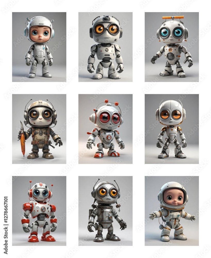 Poster Nine varied cartoon robots, each uniquely designed with distinct colors and features, are displayed against a plain white backdrop.