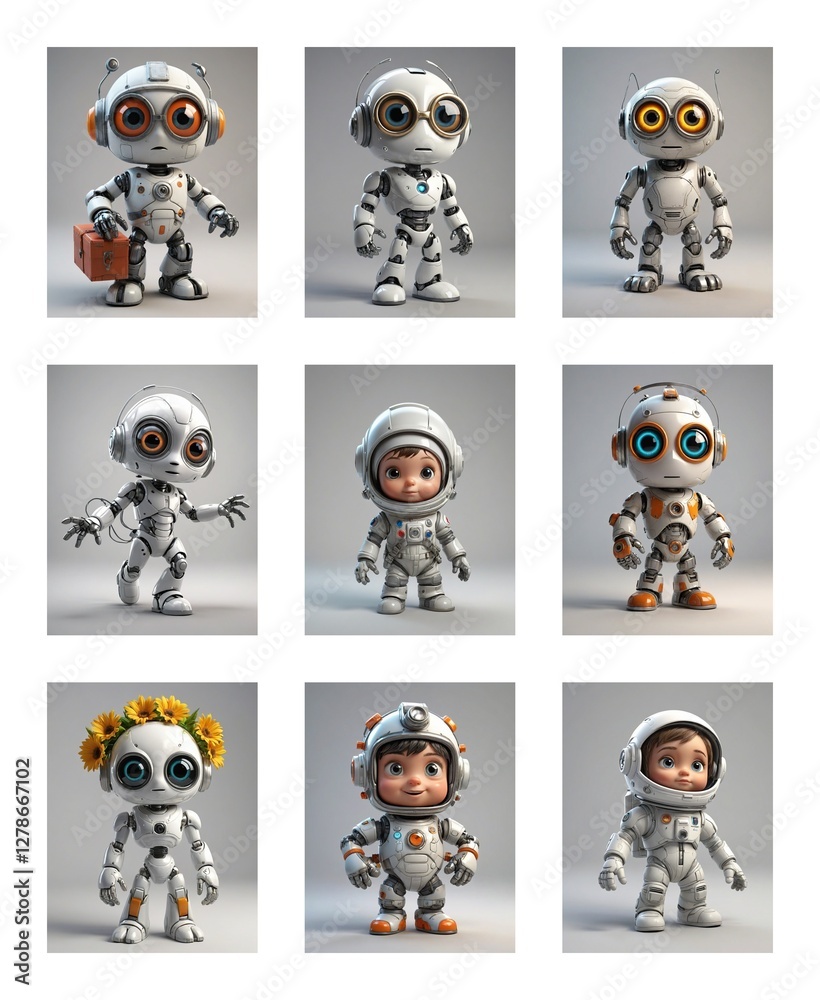 Poster nine cute cartoon robots are showcased in different poses and styles, some feature helmets, flowers,