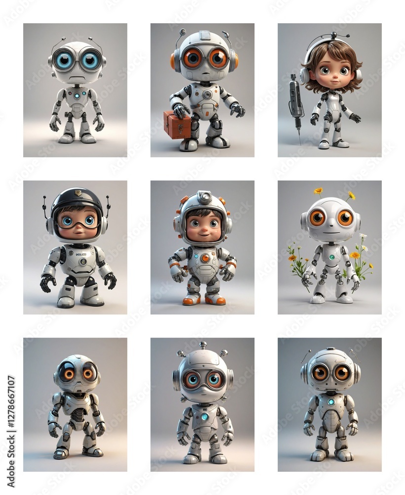 Leinwandbilder Nine cartoon robot characters with big eyes are displayed in a grid format.  Some robots hold items like a briefcase, pencil, or flowers, while others wear helmets or headphones. Plain background.
